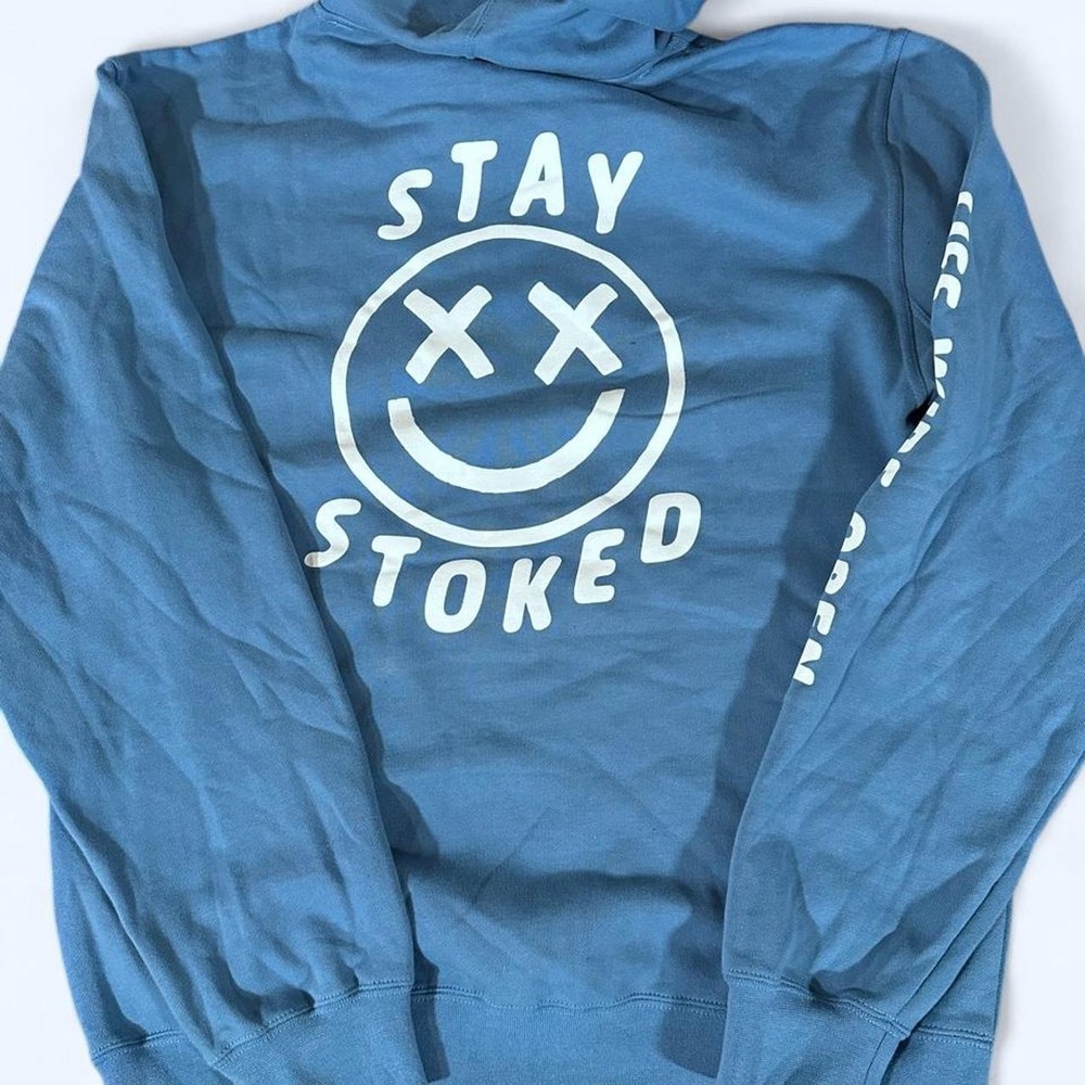 Life Wide Open Stay Stoked Blue Graphic Hoodie Pullover Sweatshirt Mens L